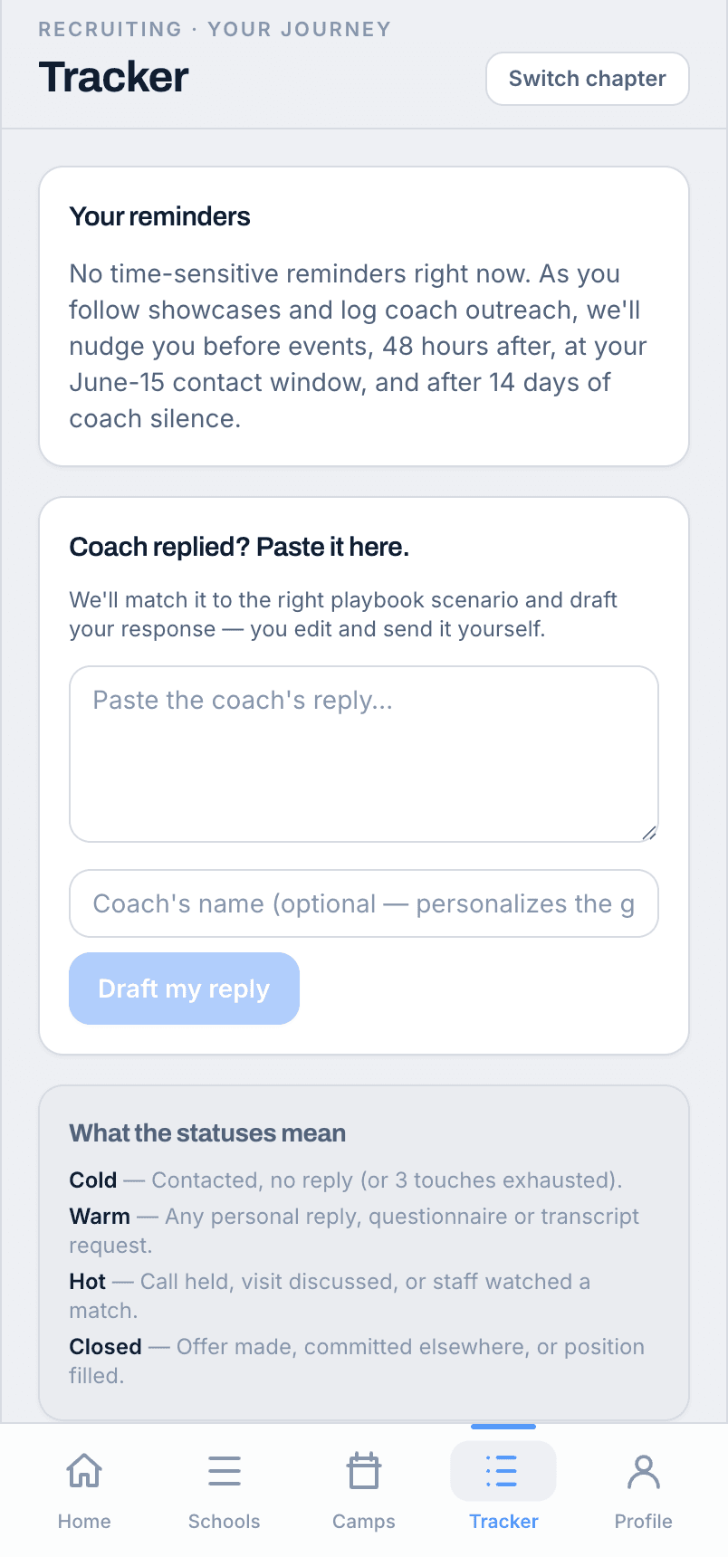 The follow-up tracker in the app: every coach conversation staged from first email to reply to offer.
