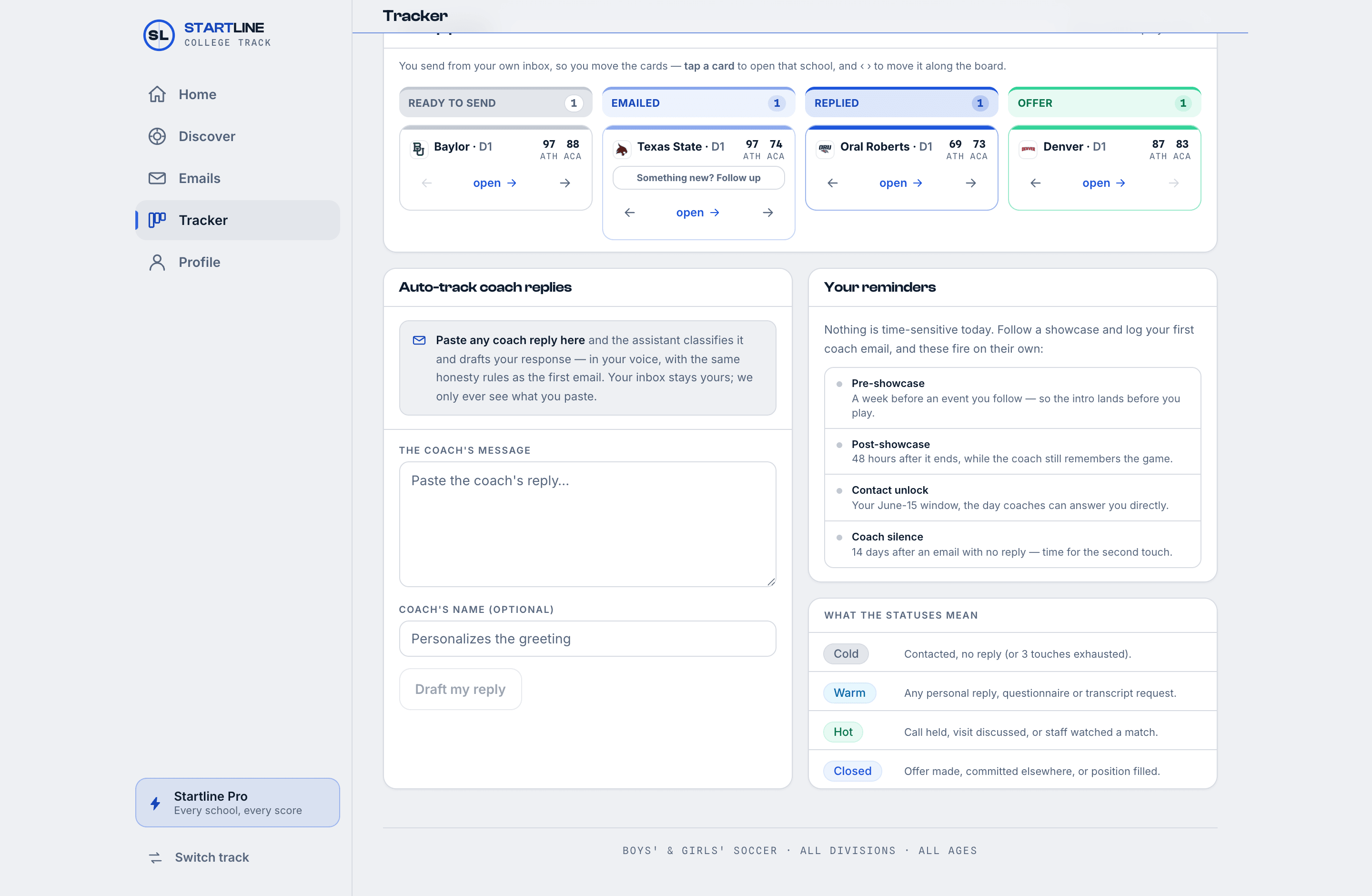 The Tracker: a pipeline of schools from ready-to-send to offer, with reminders