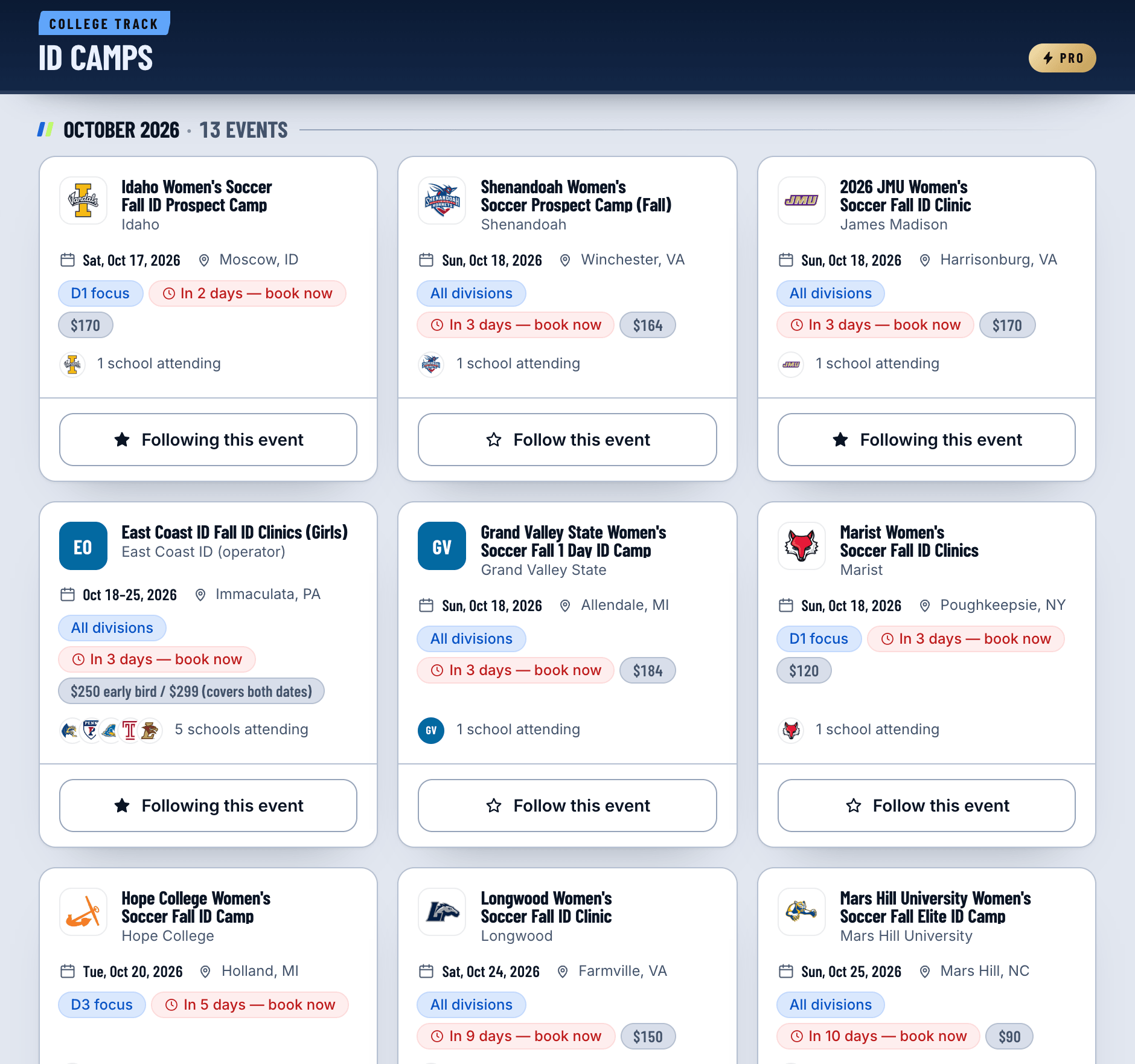 The ID camp directory: each camp with its date, venue, level, the fee where the host publishes one, and how many schools are attending.