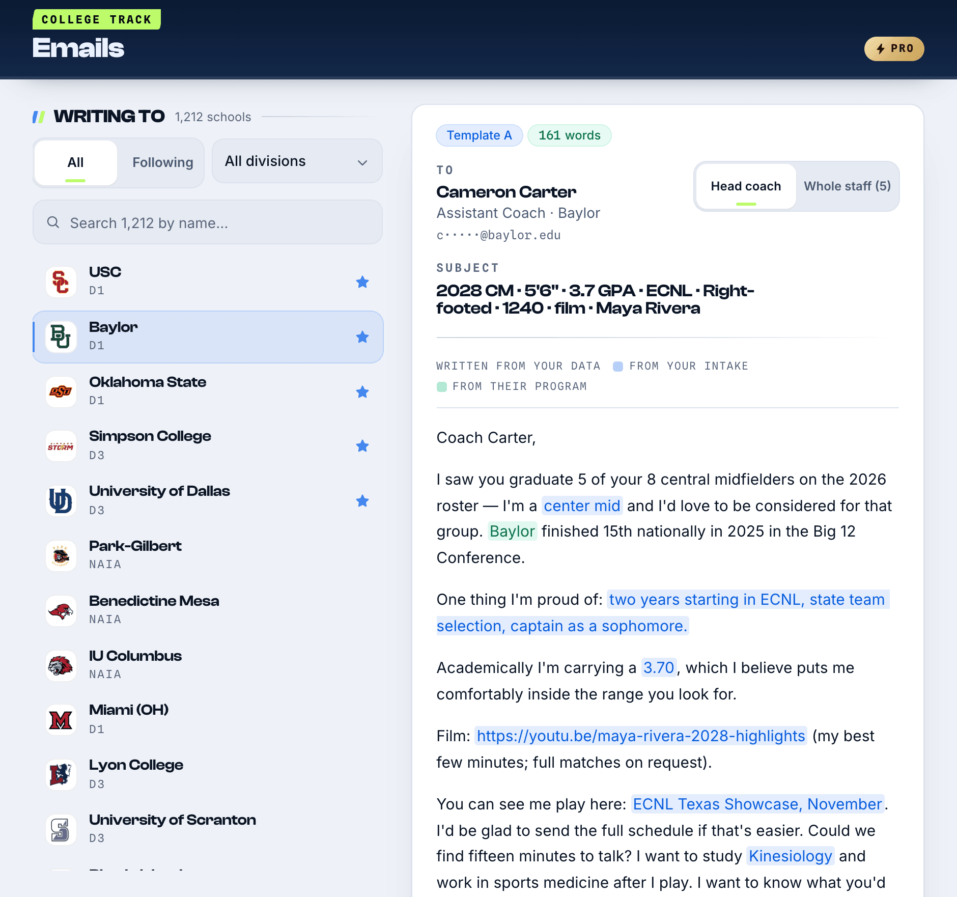 The Emails screen in the app: a first email to a college coach, drafted for a sample player