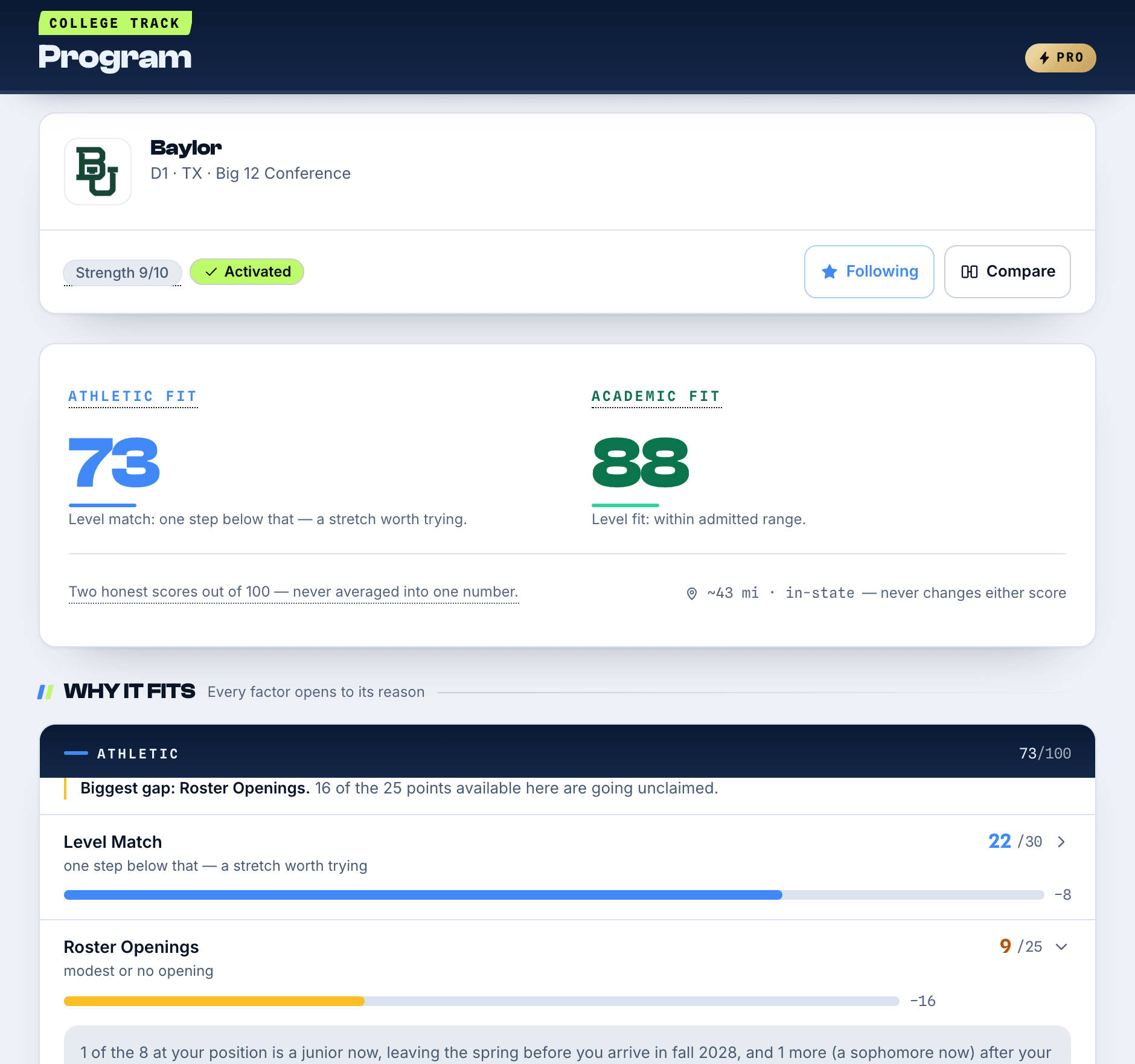 A program's roster in the app: who graduates at the sample player's position