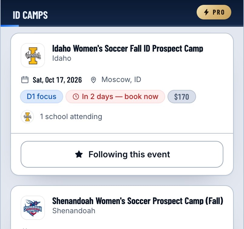 One ID camp: the host school, the date, the place, the fee and a button to follow it