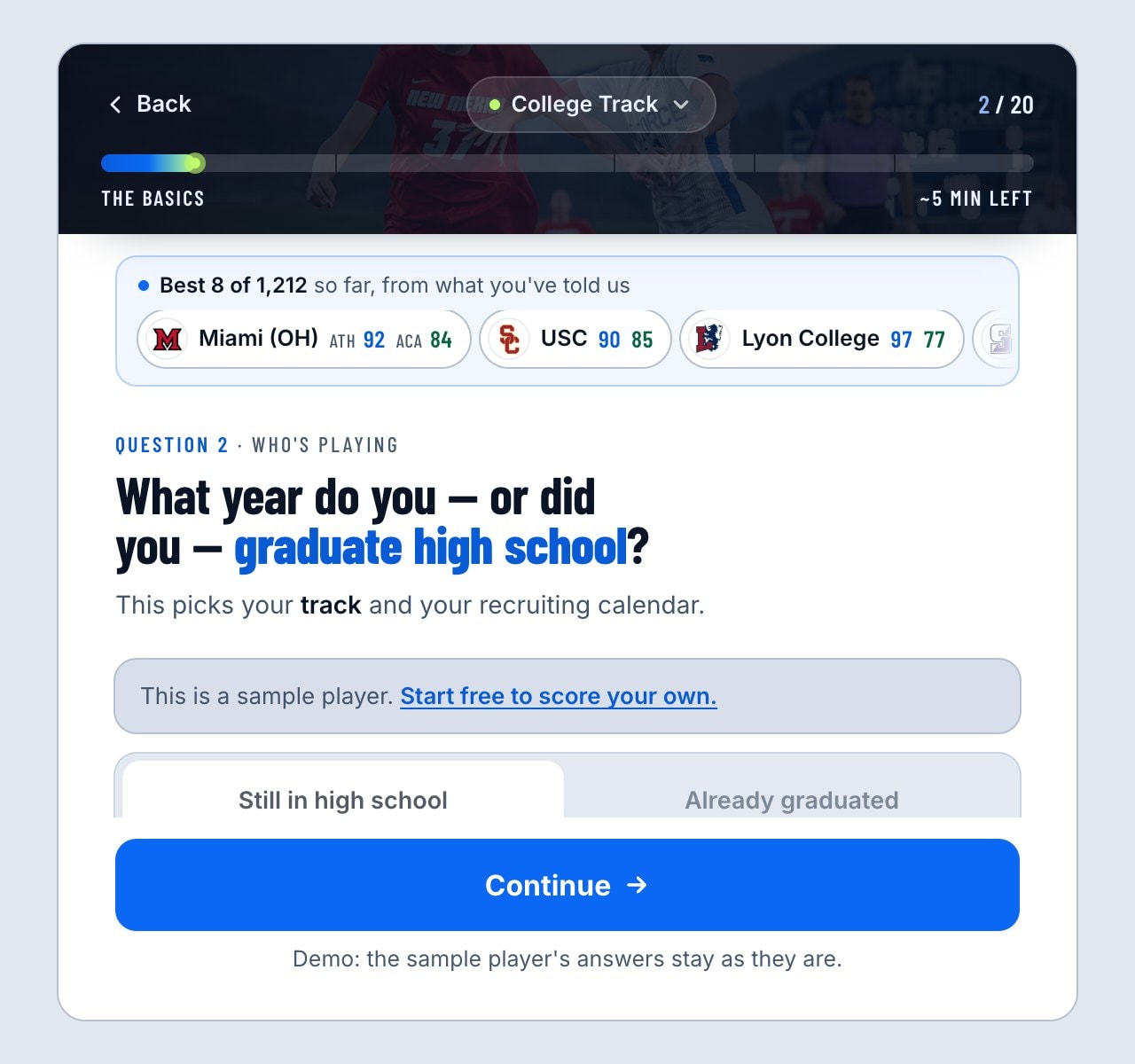 Intake question two: what year the player graduates high school, with Junior selected