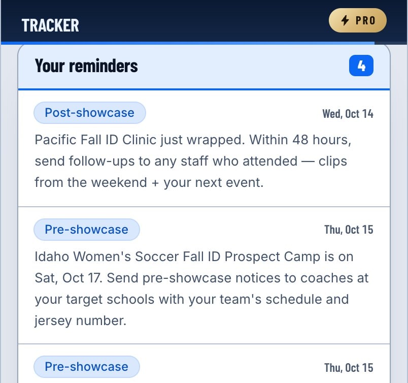 The draft-my-reply button above a list of reminders, the first one before a showcase