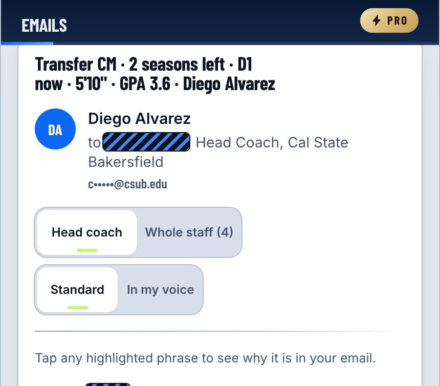 The email screen on a phone: the subject line with seasons left and current division, the coach it is addressed to with the address masked, and the first lines of the draft