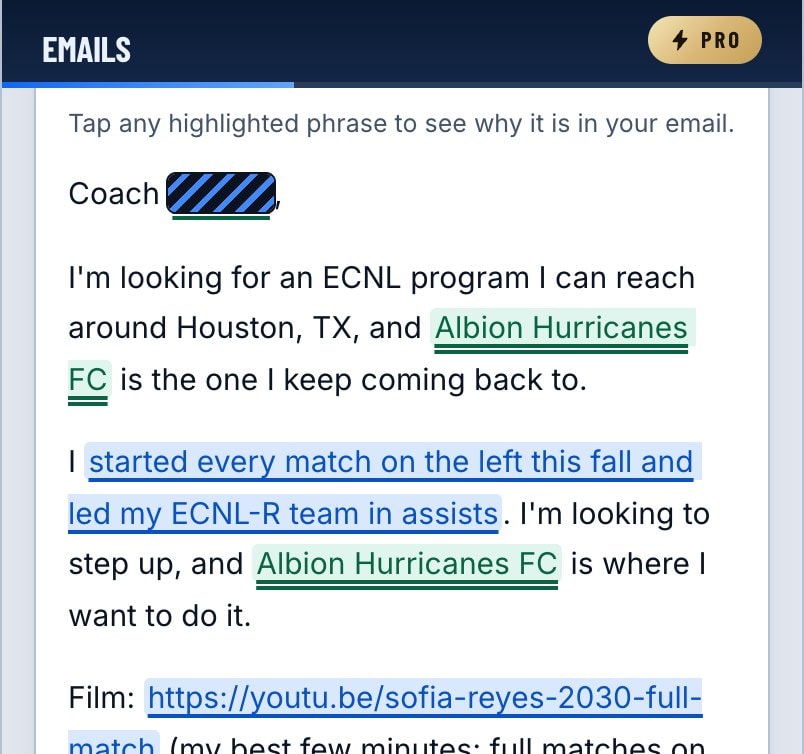 A drafted email to a club coach on a phone, with each fact from the player's profile highlighted