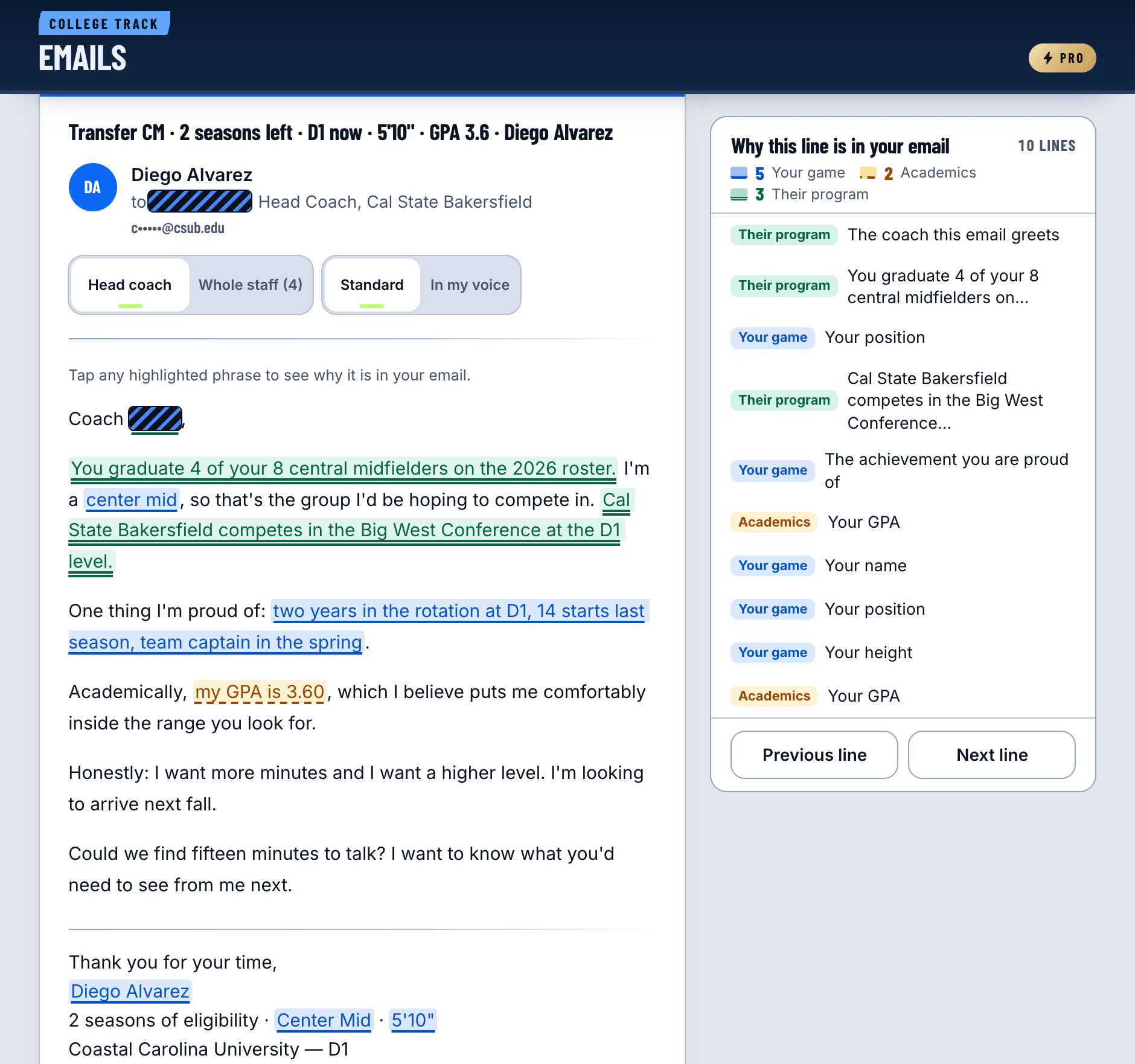 A coach email drafted for a transfer, to a named head coach whose address is masked: seasons left and current division in the subject line, a first line about that program's graduating midfielders, and a sign-off with his eligibility and the school he plays for now.