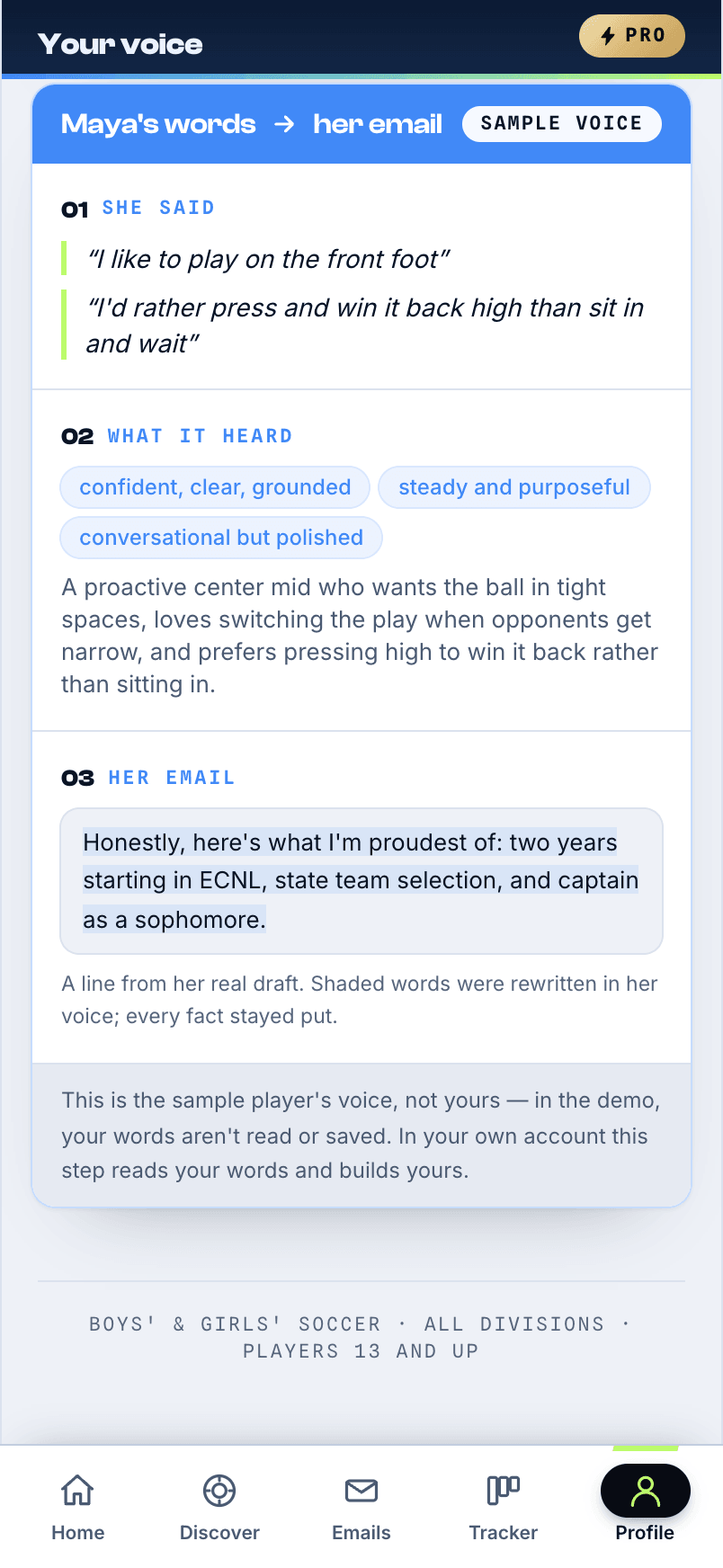 The voice screen in the app: what a sample player said, and the line of her email rewritten in her words