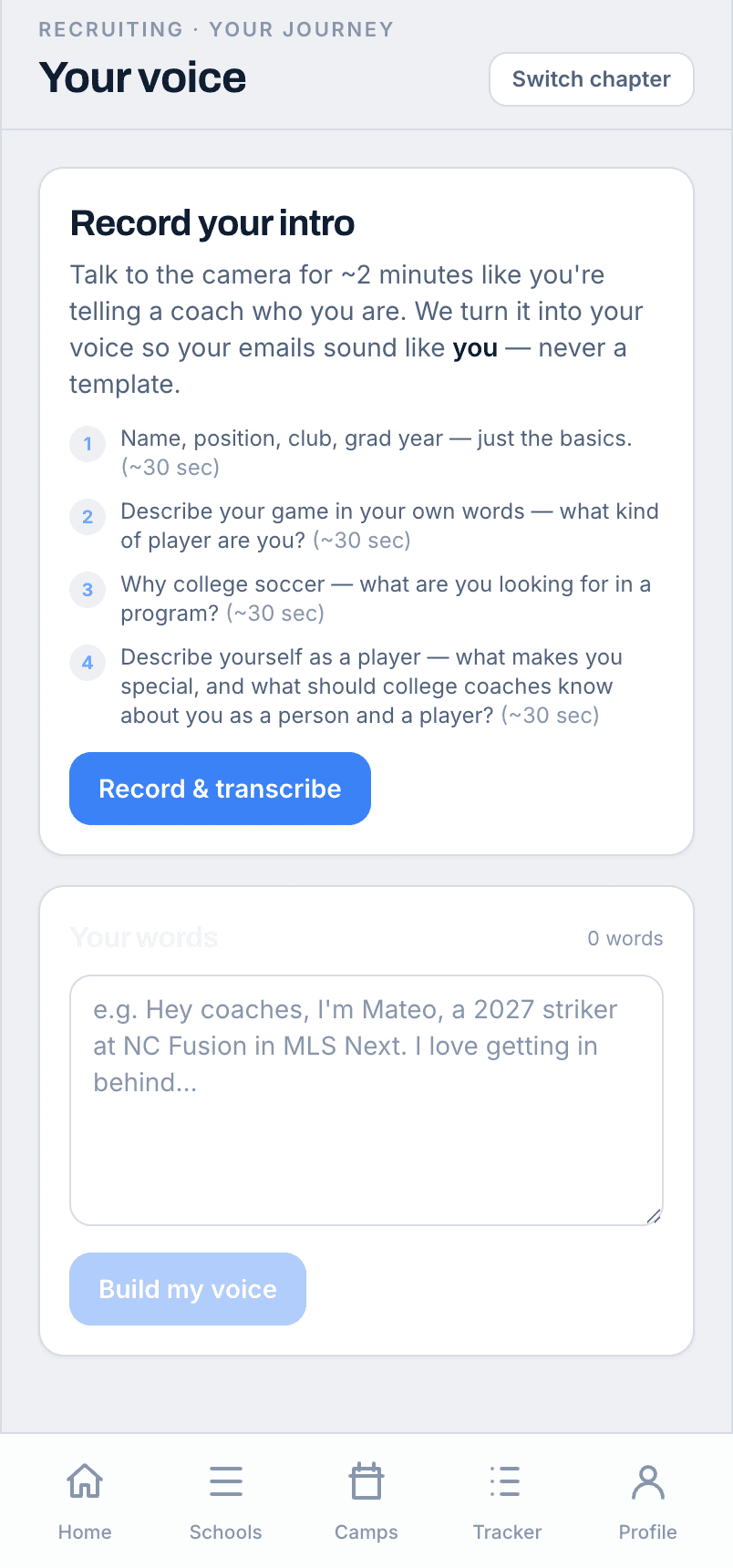 The voice-intro screen in the app: recording a spoken intro that becomes the player’s voice profile.