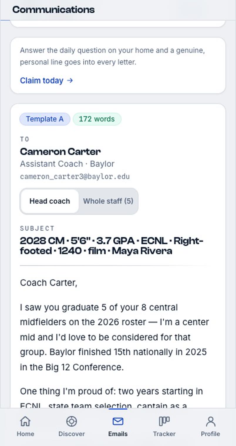Emails: The coach email drafted from that data, edited and sent from the family's own inbox.