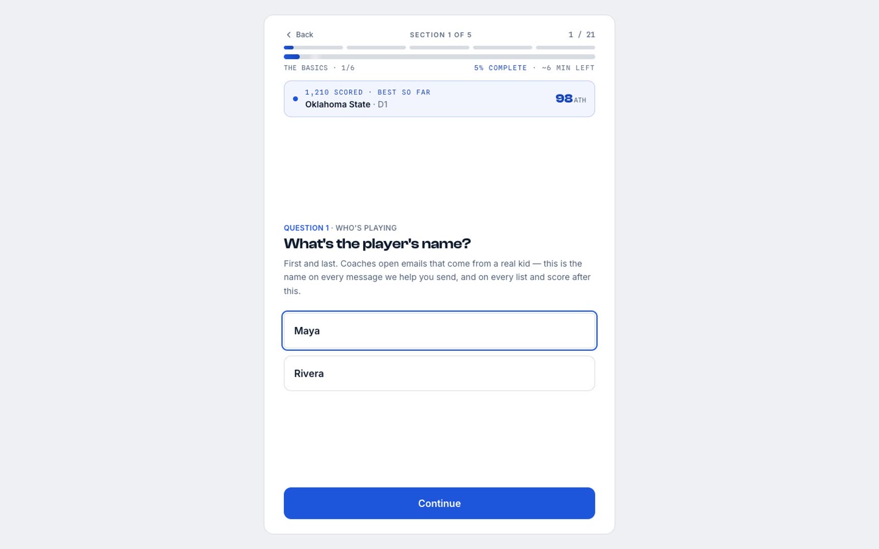 The intake: one question at a time, on the real app