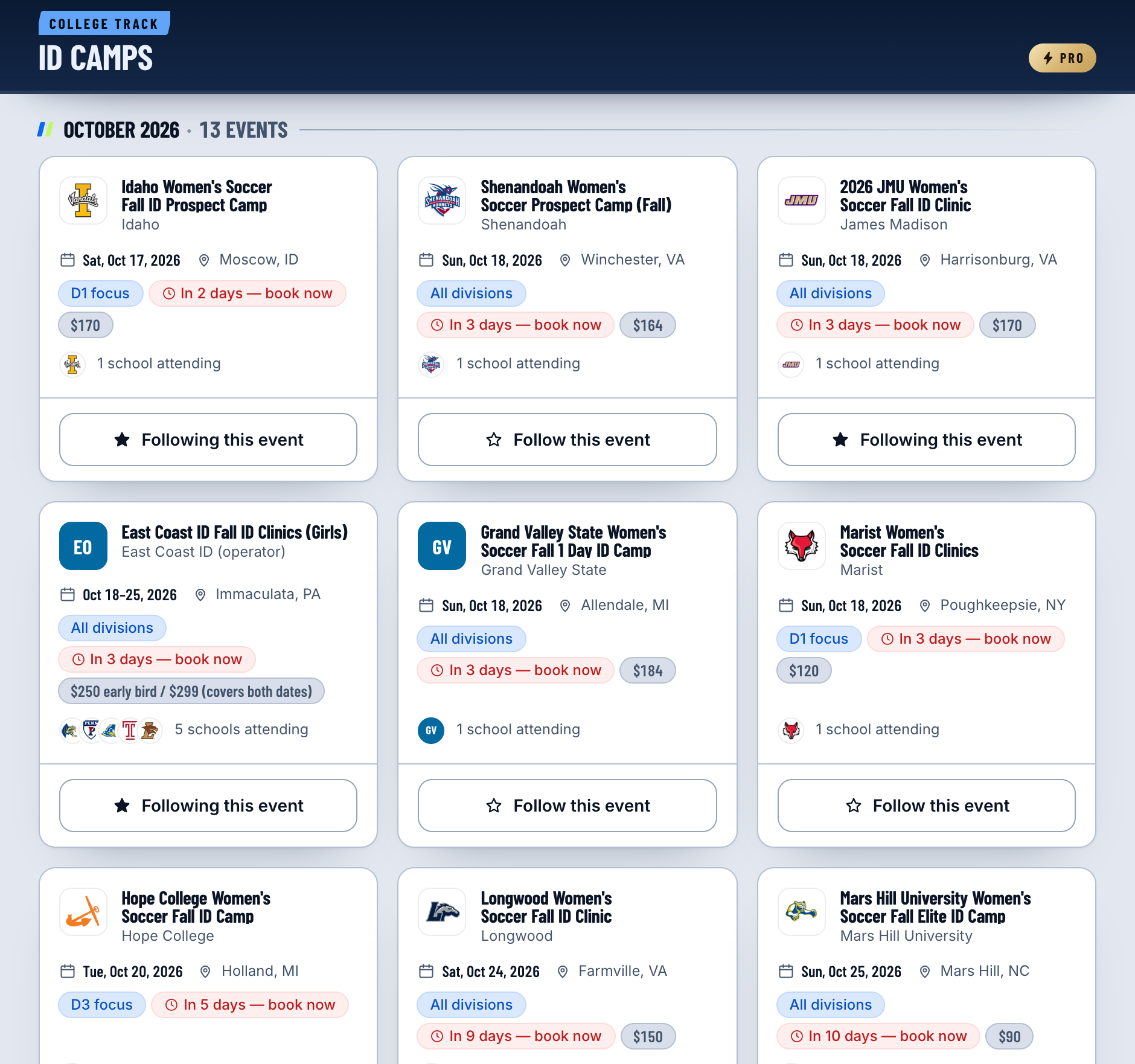 The ID camp directory: each camp with its date, venue, level, the fee where the host publishes one, and how many schools are attending.