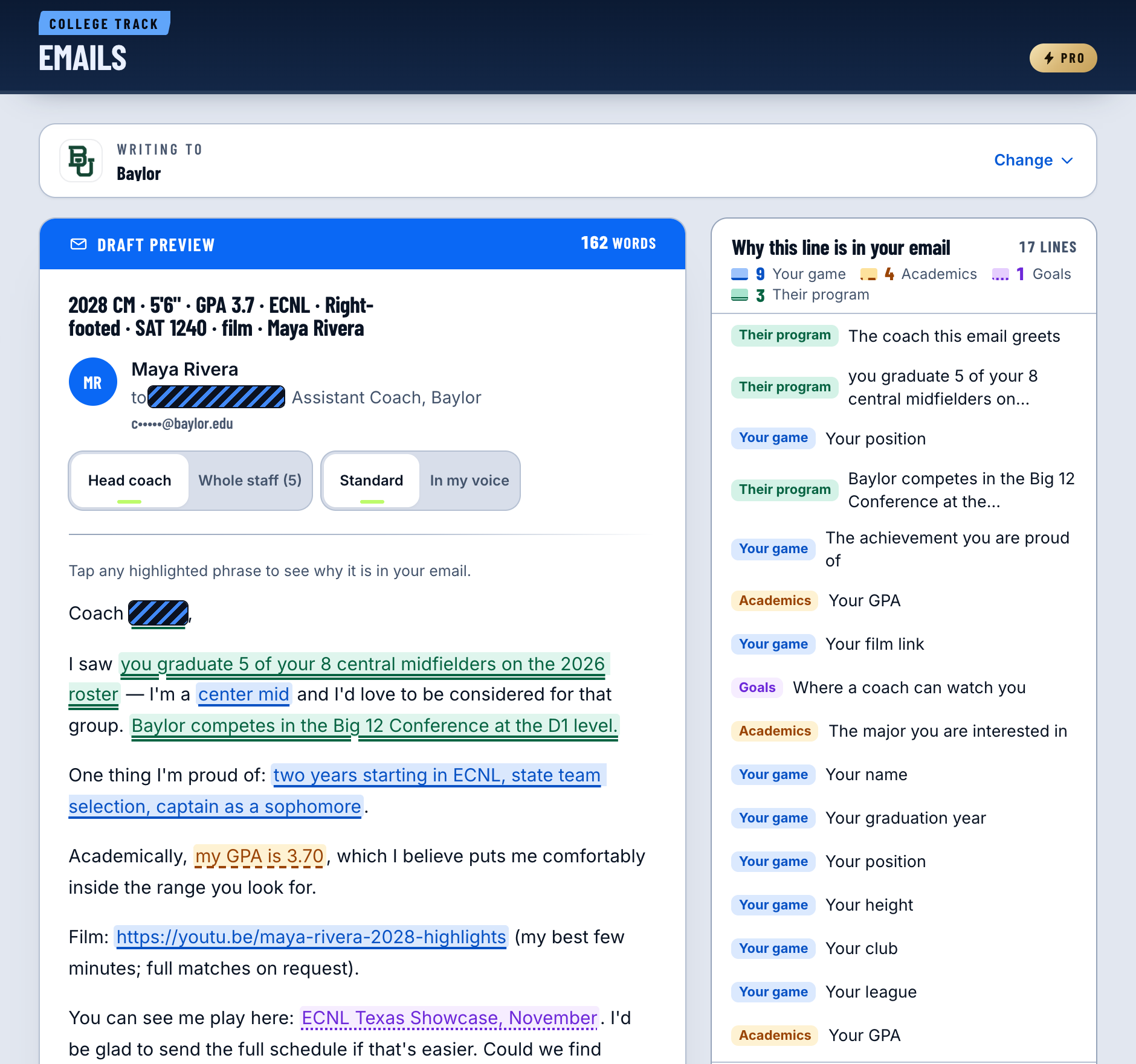 A coach email to a named coach, the address masked, drafted from that program's roster need and the player's own profile, with every fact marked by where it came from.