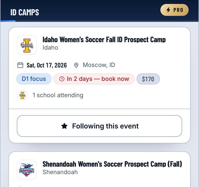 One ID camp: the host school, the date, the place, the fee and a button to follow it