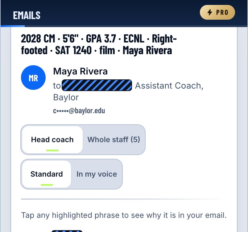 The email screen on a phone: the coach it is addressed to with the address masked, and a switch between the head coach and the whole staff