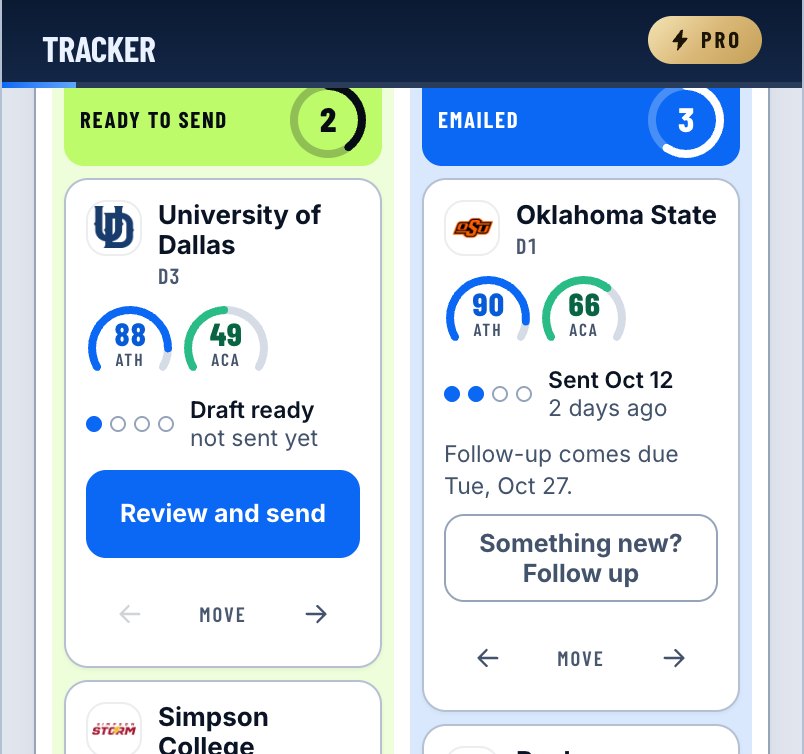 Two tracker columns on a phone: a draft ready to send, and a school emailed two days ago with the date its follow-up comes due