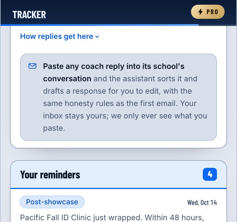 The tracker's reply box holding an example coach message, marked as an example from no real school