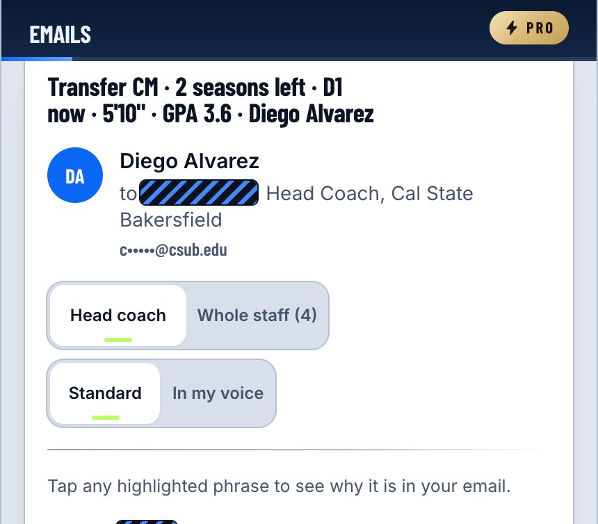 The email screen on a phone: the subject line with seasons left and current division, the coach it is addressed to with the address masked, and the first lines of the draft