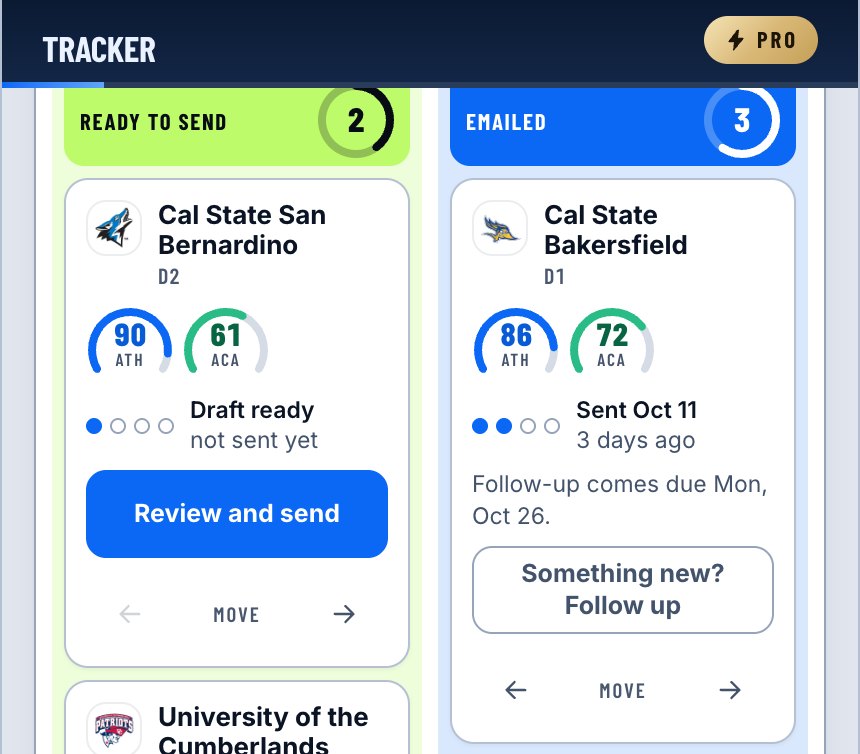Two tracker columns on a phone: drafts ready to send, and schools emailed with the date each follow-up comes due
