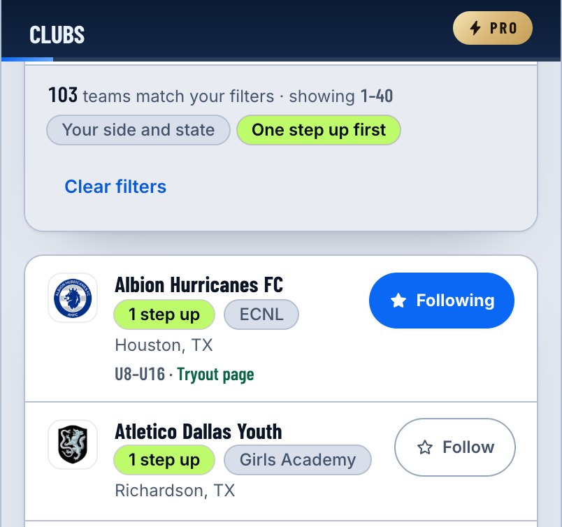 The club directory on a phone, filtered to the player's side and state, with clubs one step up marked