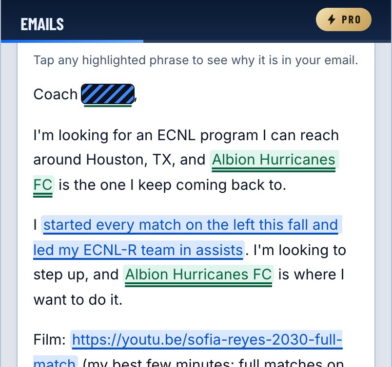 A drafted email to a club coach on a phone, with each fact from the player's profile highlighted