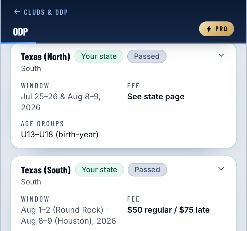The ODP list on a phone: a state program with its tryout window, fee and age groups